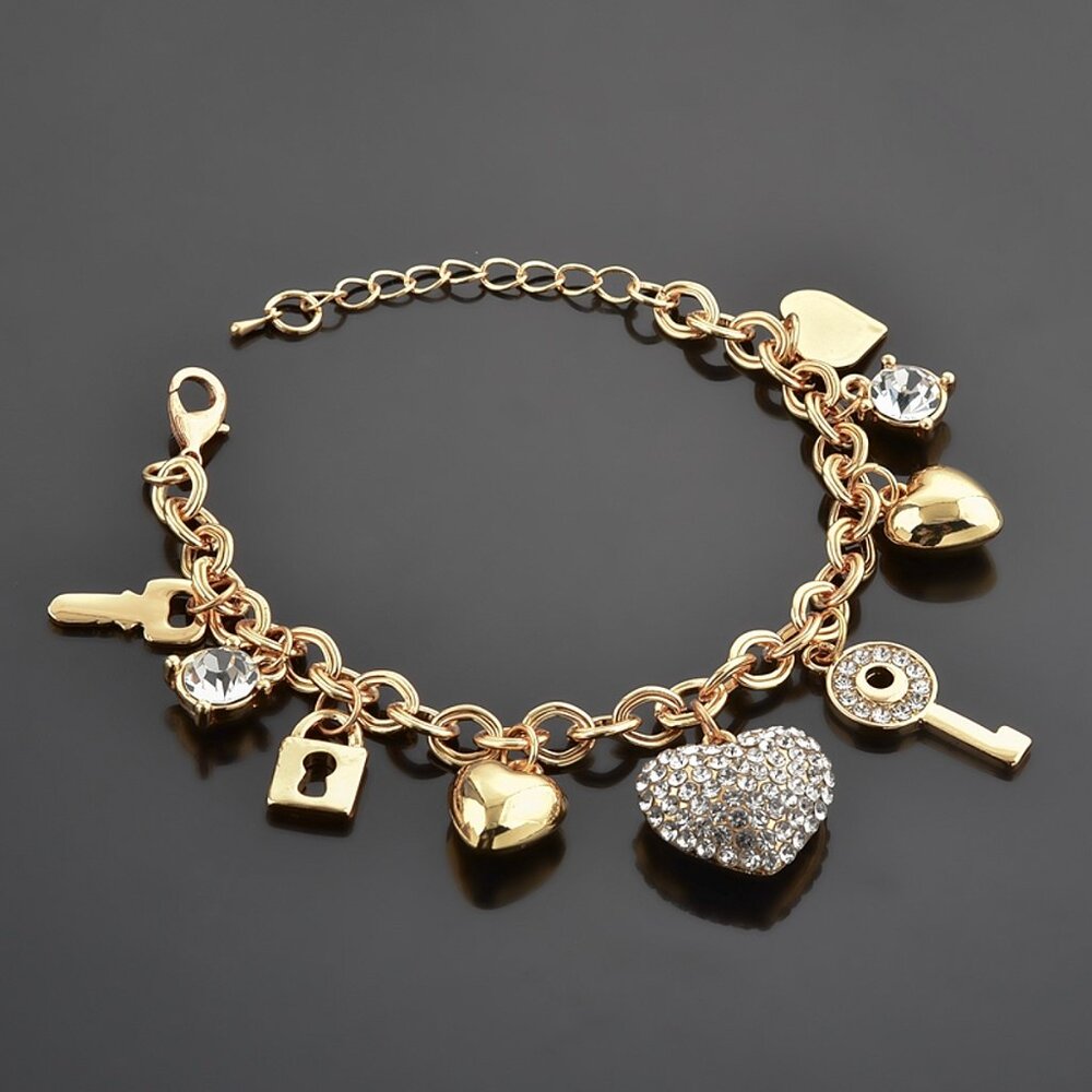 Gold-Plated Charm Bracelet with Heart, Key & Lock Crystal Accents